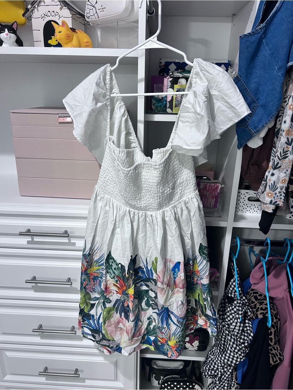Anthropologie White Floral Off-Shoulder Sundress with Multicolor Hem